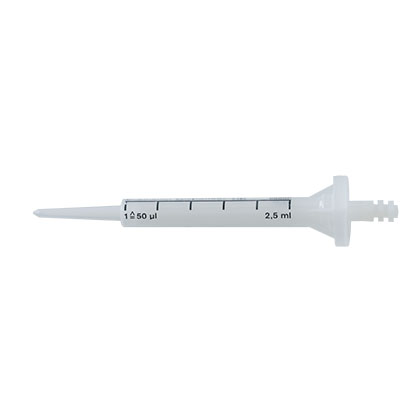 PD-tip-2-5ml-705738 A BrandTech PD-Tip II BIO-CERT Sterile Precision Dispenser Tip, 2.5mL, from a pack of 100 tips is displayed on a white background.