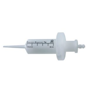 The PD-Tip II Precision Dispenser Tips, BIO-CERT Sterile, 25mL (BrandTech), are white plastic tips with measurement markings, a narrow nozzle, and a threaded cap for secure fit; BIO-CERT Sterile ensures contamination-free liquid handling.
