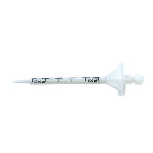 The BrandTech PD-Tip II BIO-CERT sterile precision dispenser tips (0.5mL, 100/pack) offer accurate liquid measurement for laboratory use.