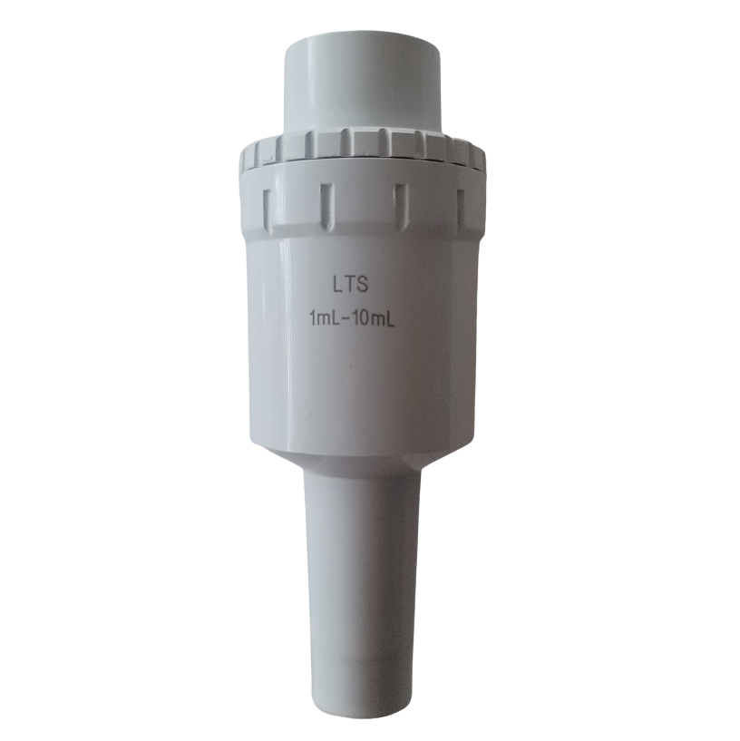 Rainin Standard Length Upper & Lower Shaft, LTS, 10mL—white plastic adapter labeled LTS 1mL-10mL with a ridged wide top and narrow bottom, compatible with Rainin Standard Shaft pipettes.