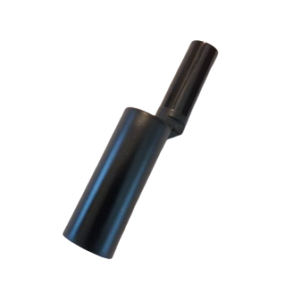 A black cylindrical plastic object resembling the Rainin Pipet-Lite XLS/XLS+, E4 XLS/XLS+ Multichannel 20μL Nozzle & Piston Assembly, with a smaller angled cylinder, isolated on a white background.