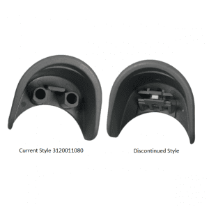 Two black plastic parts are shown: the left is the current Research Plus Ejector Button (Eppendorf), part 3120011080, and the right is the discontinued style. Both have different internal ejector button designs.