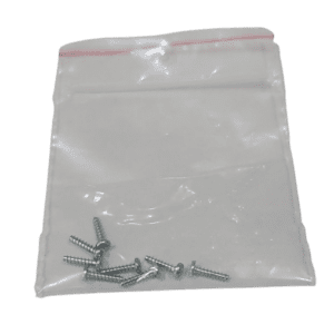A small transparent plastic bag containing seven silver screws for the Proline Electronic Tip Cone Housing, White, 12 Channel, 100μL/250μL (Sartorius).