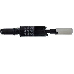 A close-up of a black mechanical number counter device, featured in the mLINE Machinery Complete, Single Channel, 5mL (Sartorius), with a numbered rotating dial and a partially visible white cap on the right end.