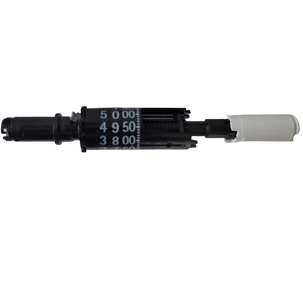 A close-up of a black mechanical number counter device, featured in the mLINE Machinery Complete, Single Channel, 5mL (Sartorius), with a numbered rotating dial and a partially visible white cap on the right end.