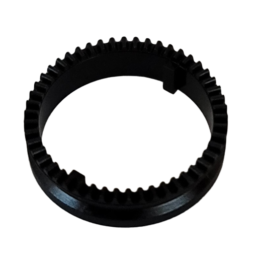 Black circular mechanical gear ring, resembling the mLINE / Proline Calibration Wheel for Sartorius pipettes (single & multichannel, all volumes), with evenly spaced inner teeth, viewed at an angle on a white background.