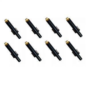 Eight identical black electronic connectors with gold tips, like the Sartorius eLINE/Picus/Picus NxT 8 Channel Piston Assembly Pack (50-1200μL), are arranged in two uneven rows on a white background.