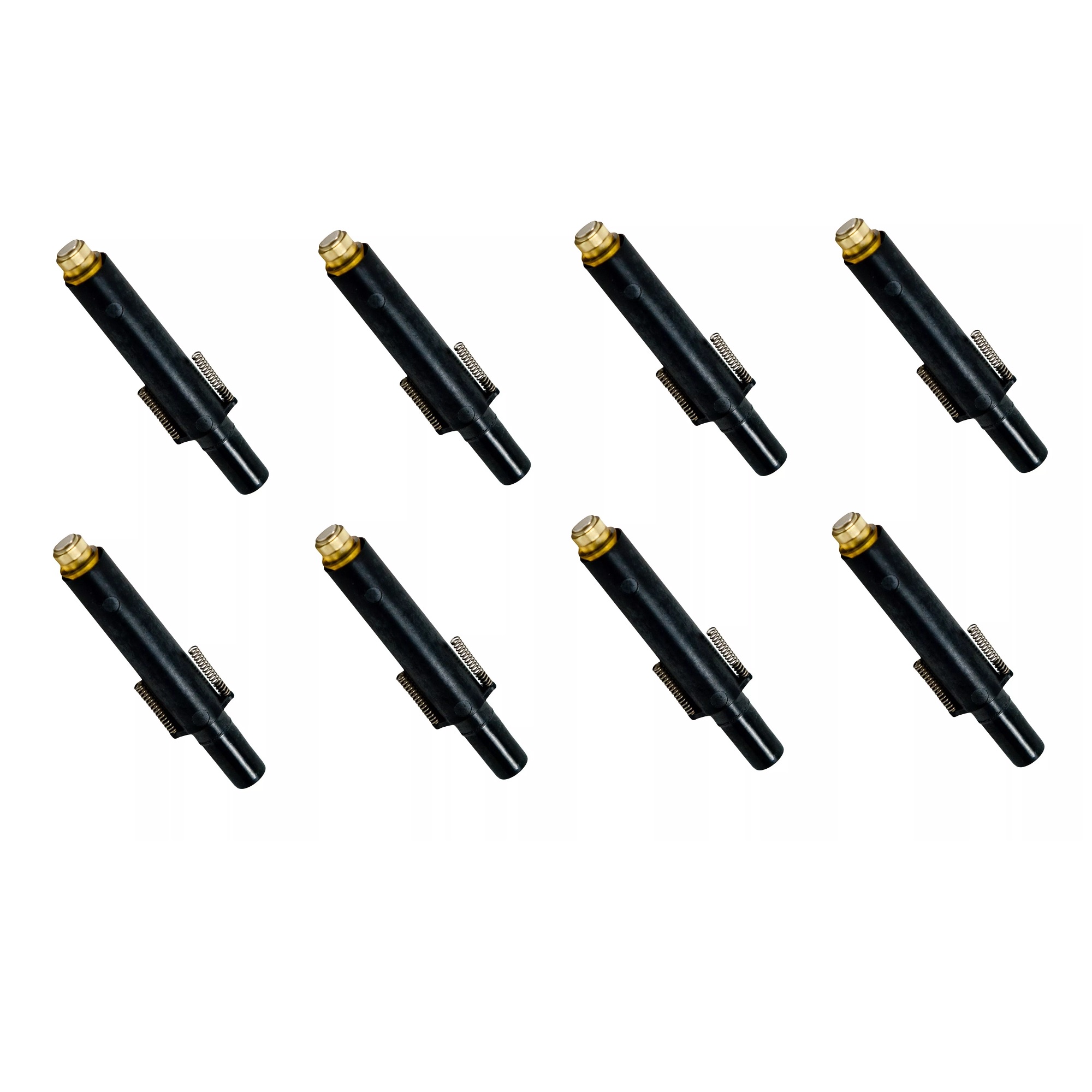 Eight identical black electronic connectors with gold tips, like the Sartorius eLINE/Picus/Picus NxT 8 Channel Piston Assembly Pack (50-1200μL), are arranged in two uneven rows on a white background.