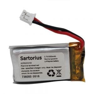 A rectangular 3.7V 350mAh Li-Polymer rechargeable Picus / Picus 2 / Picus NxT Battery (Sartorius) with white connector and red/black wires, ideal as a replacement battery.