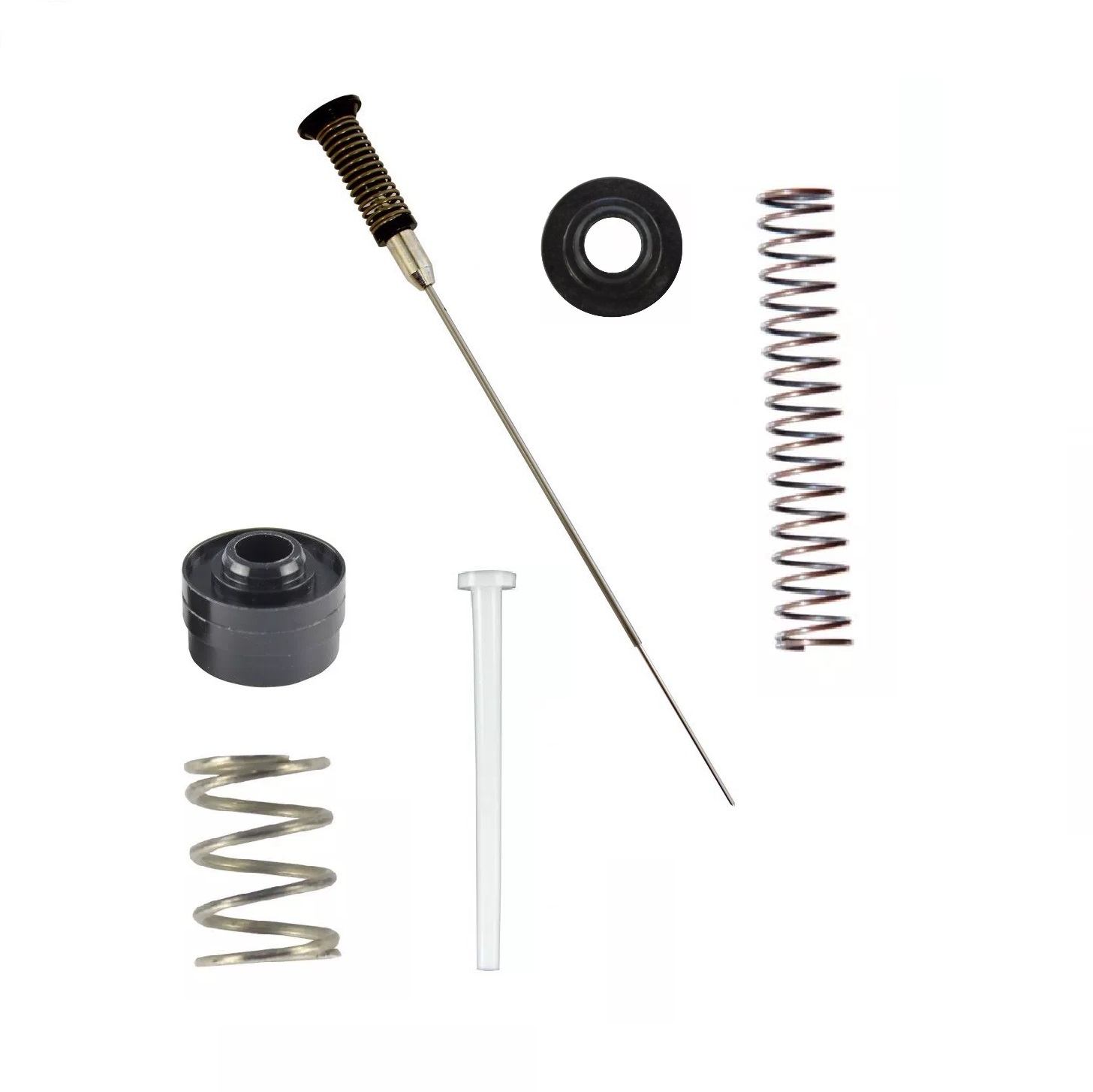 Assorted components from the Labnet Piston Assembly Kit, Low Force, Single Channel, Newer Version, 10μL (Labnet), including two metal springs, a slender handled rod, black cylinders, and a white plastic pin on a white background.