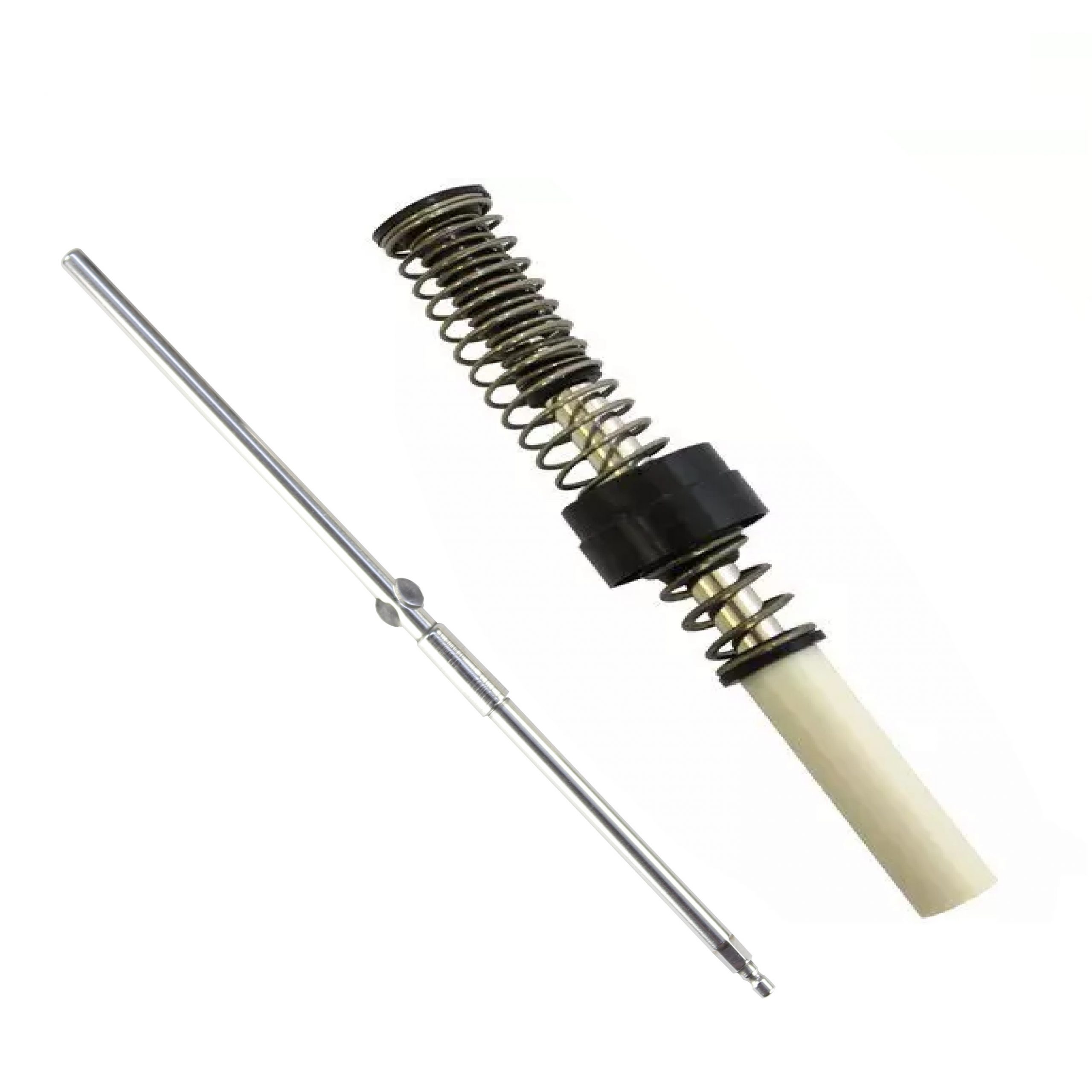 A Labnet Piston Assembly with Arbor, Low Force, Single Channel, 1000μL - Newer Version is shown isolated on a white background; it features a metal rod and spring-loaded component with a white cylindrical end.