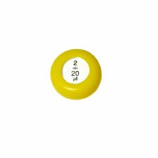 SP9331 Yellow pipette cap labeled "2–20 μl," for Ulster Scientific’s V3 Push Button Single Channel 20μL pipette, shows the compatible volume range.