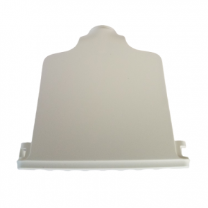 A white plastic rectangular piece with a rounded top and two bottom tabs, resembling a part of the Fisherbrand Elite Ejector Multichannel 8 Channel All Volumes (Thermo Scientific), is shown on a plain background.