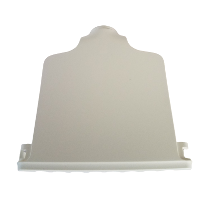 A white plastic rectangular piece with a rounded top and two bottom tabs, resembling a part of the Fisherbrand Elite Ejector Multichannel 8 Channel All Volumes (Thermo Scientific), is shown on a plain background.