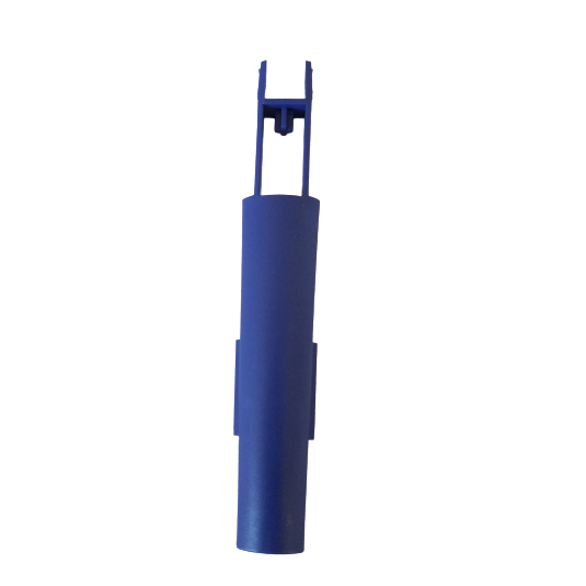TS 1065830 A blue plastic cylindrical Fisherbrand Elite Tip Ejector Pusher (Lower Part) for single channel 5mL and 10mL pipettes is shown, with two vertical extensions and a small horizontal piece between them, pictured on a white background.