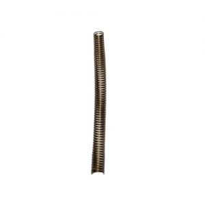 A single, slightly bent metal coil spring stands vertically on a plain white background, resembling the precision of the Finnpipette / Fisherbrand Elite Piston Spring, Single Channel, 100μL (Thermo Scientific).