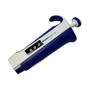 A Fisherbrand Elite Handle adjustable micropipette (Thermo Scientific), 5–50μL range, suitable for single and multichannel use. Shown with a 5.00μL setting; blue and white design.