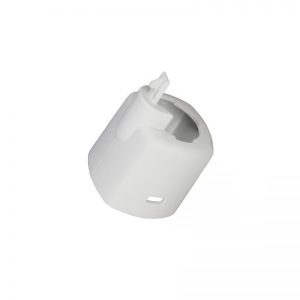 A white plastic Finnpipette Digital / Fisherbrand Tip Ejector Upper Part (Single Channel, 5mL) by Thermo Scientific, featuring a rectangular opening and small spray tip, is displayed against a plain white background.