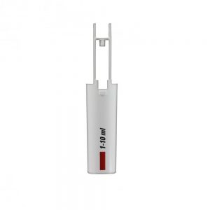 White plastic cylindrical Finnpipette F1 Tip Ejector Pusher Lower Part, 10mL (Thermo Scientific), featuring a red marking and open frame at the top, shown on a white background. Compatible with Finnpipette F1 tip ejector systems.