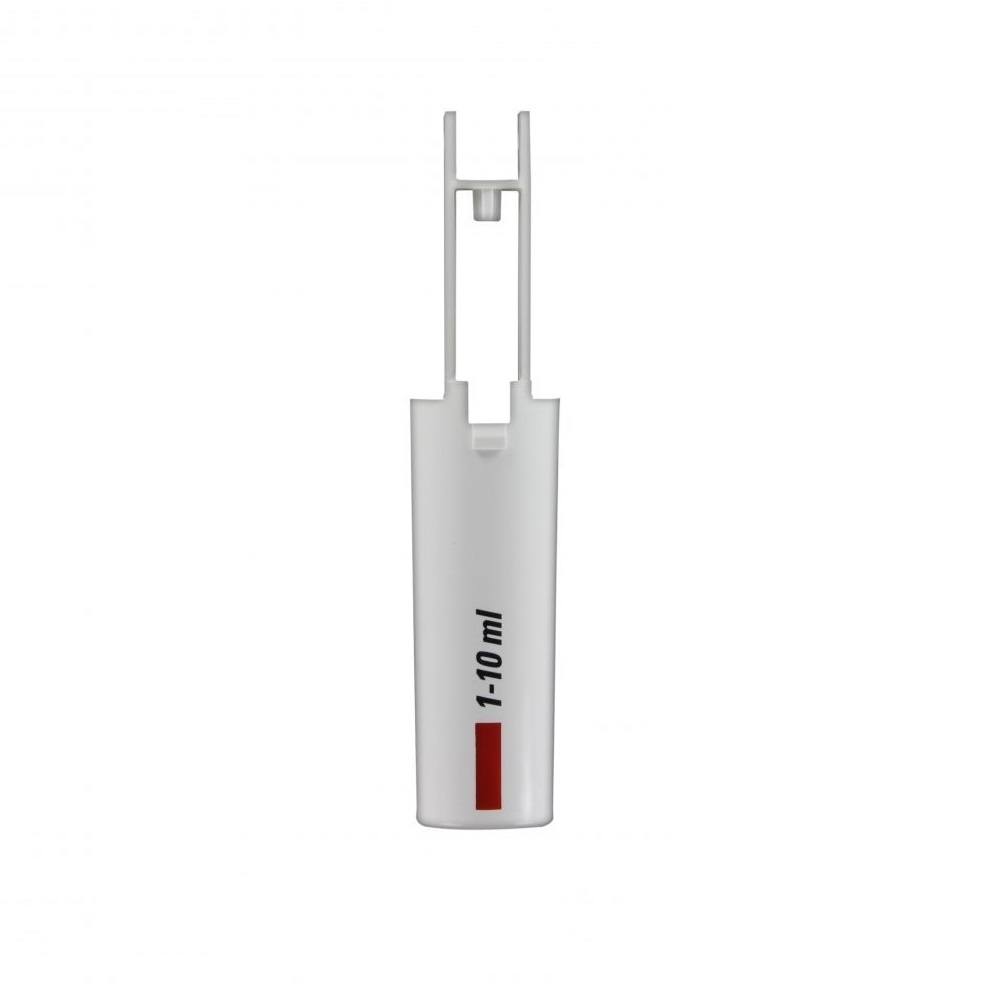 White plastic cylindrical Finnpipette F1 Tip Ejector Pusher Lower Part, 10mL (Thermo Scientific), featuring a red marking and open frame at the top, shown on a white background. Compatible with Finnpipette F1 tip ejector systems.