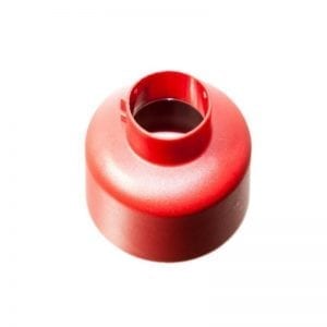 A red Finnpipette F2 Tip Ejector Top, 10mL (Thermo Scientific), plastic with a circular opening at the top, is shown against a white background.