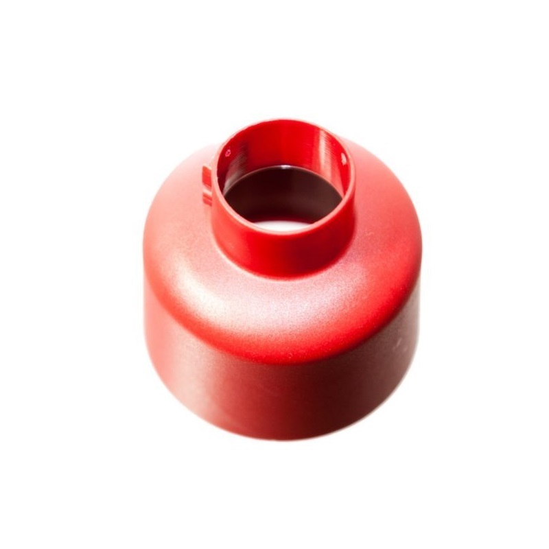 A red Finnpipette F2 Tip Ejector Top, 10mL (Thermo Scientific), plastic with a circular opening at the top, is shown against a white background.