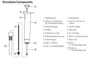 Diagram of the Transferpettor Piston Rod, 500μL, Green (BrandTech) pipette and tip labeled with components such as pipetting key, volume display, hand grip, piston rod, piston, cap, and plastic tip.