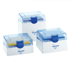 Three Eppendorf epTIPS Box 2.0, dark gray reusable boxes each with 96 x 0.1-10μL pipette tips are shown; each box features the Eppendorf logo.