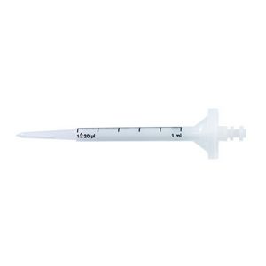 BrandTech PD-Tip II Precision Dispenser Tips, BIO-CERT Sterile, 1mL (100/pack), feature volume markings from 20µL to 1mL for precise measurements; shown against a white background.