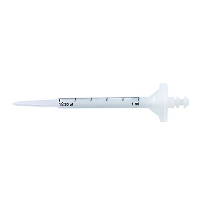 pdtip_1mL 705734 BrandTech PD-Tip II Precision Dispenser Tips, BIO-CERT Sterile, 1mL (100/pack), feature volume markings from 20µL to 1mL for precise measurements; shown against a white background.