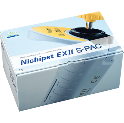 s-pac A Nichipet EX II S-PAC Pipette Starter Pack by Nichiryo, featuring 10μL, 100μL, and 1000μL autoclavable digital micropipettes, is shown boxed with a pipette image on the packaging.