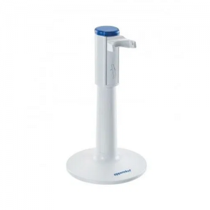 A white and blue manual pipette dispenser stands upright on an Eppendorf Charger Stand 2 with E3/E3x, stream/Xstream Charger Shell.