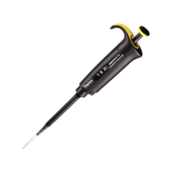 4642040 Finnpipette F2 A Thermo Scientific Finnpipette F2 single-channel variable volume pipette (1-10μL), black and yellow, is shown against a white background.