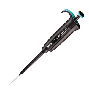 A Thermo Scientific Finnpipette F2 single-channel pipette, micro model with variable volume (0.2-2μL) and digital volume display, featuring a turquoise-accented plunger.