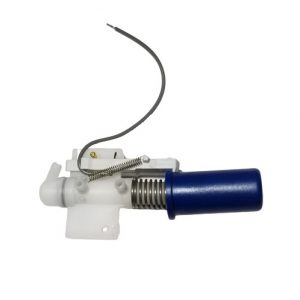 The Sartorius Midi Plus Operating Button Assembly (Down, Dark Blue) features a plastic construction with a metal spring, wire, and mounting bracket, shown isolated on a white background.