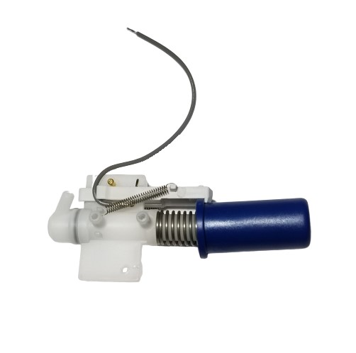 The Sartorius Midi Plus Operating Button Assembly (Down, Dark Blue) features a plastic construction with a metal spring, wire, and mounting bracket, shown isolated on a white background.