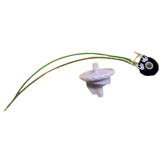 A white plastic float switch with green and yellow wires, a black mounting part, compatible with the Sartorius Midi Plus Pump Speed Adjustment Assembly.
