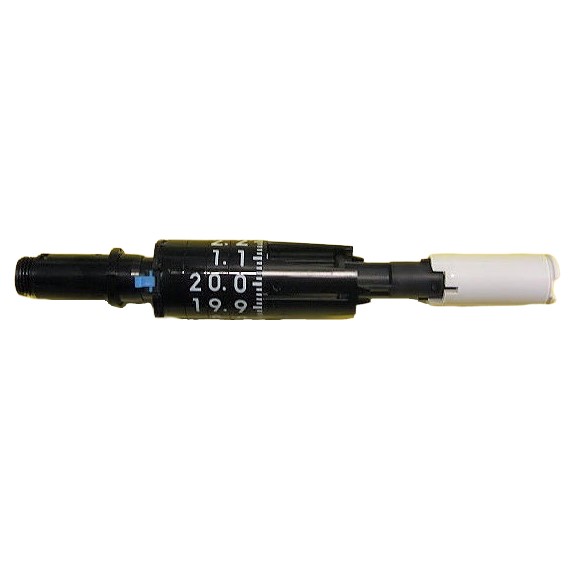 A close-up of a tire pressure gauge with a black body, visible number markings, and a white tip, offering precision comparable to the mLINE Machinery Complete, Single Channel, 20μL (Sartorius).