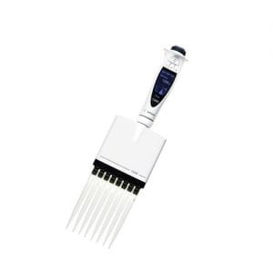 A Sartorius Picus Electronic Pipette, Multichannel, 8 Channel, 50-1200μL with eight transparent tips, designed for accurate liquid handling in labs.