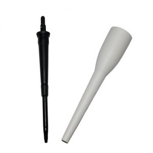 A black Picus / Picus NxT PM Package Single Channel 10μL (Sartorius) sewing machine spool pin and a white spool pin felt cap are displayed side by side on a white background.