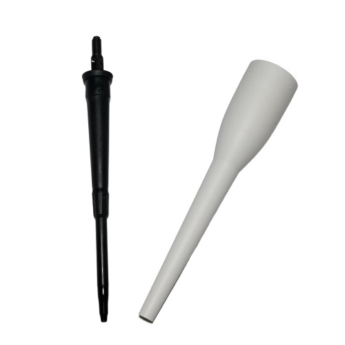 736041 A black Picus / Picus NxT PM Package Single Channel 10μL (Sartorius) sewing machine spool pin and a white spool pin felt cap are displayed side by side on a white background.