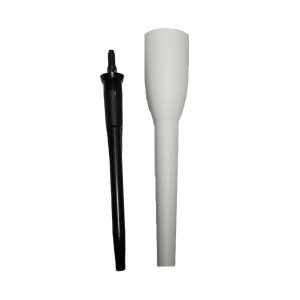 Two objects stand upright: a black, narrow cylindrical rod with a threaded tip and a white, tapered cone—parts from the Sartorius Picus / Picus NxT PM Package, Single Channel, 120μL—against a white background.