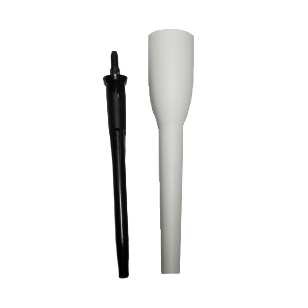 736042 Two objects stand upright: a black, narrow cylindrical rod with a threaded tip and a white, tapered cone—parts from the Sartorius Picus / Picus NxT PM Package, Single Channel, 120μL—against a white background.