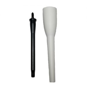 Two objects are side by side: a black Picus / Picus NxT PM Package, Single Channel, 300μL (Sartorius) rod with a threaded end and a white tapered cylindrical Sartorius attachment.