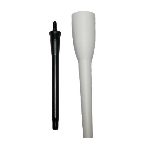 736043 Two objects are side by side: a black Picus / Picus NxT PM Package, Single Channel, 300μL (Sartorius) rod with a threaded end and a white tapered cylindrical Sartorius attachment.
