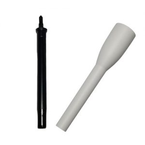 A black plastic rod with a narrow tip is shown next to a white, cone-shaped 1000μL nozzle for the Picus / Picus NxT PM Package, Single Channel, 1000μL (Sartorius), set against a plain white background.
