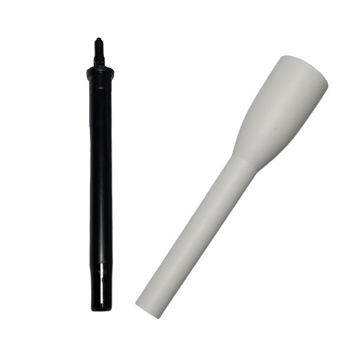 736044 A black plastic rod with a narrow tip is shown next to a white, cone-shaped 1000μL nozzle for the Picus / Picus NxT PM Package, Single Channel, 1000μL (Sartorius), set against a plain white background.