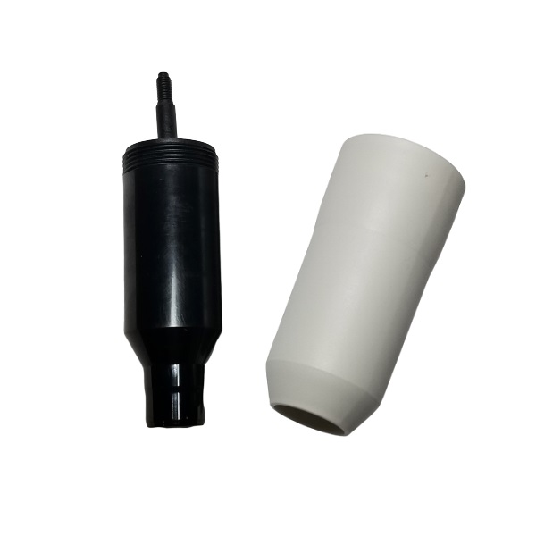 A black cylindrical object with a threaded end, likely the Sartorius Picus/Picus NxT PM Package Single Channel 5mL component, is shown beside a white, slightly tapered cylindrical cover.