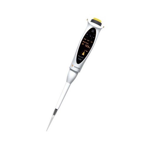The Sartorius Picus NxT Electronic Pipette, Single Channel, 5-120μL, features a display screen and control buttons for precise measurement and dispensing of small liquid volumes in laboratory settings.