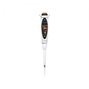 A Sartorius Picus NxT single channel electronic pipette (10-300μL) displays a 300μL volume on its screen, featuring a white and black handle with a narrow tip.